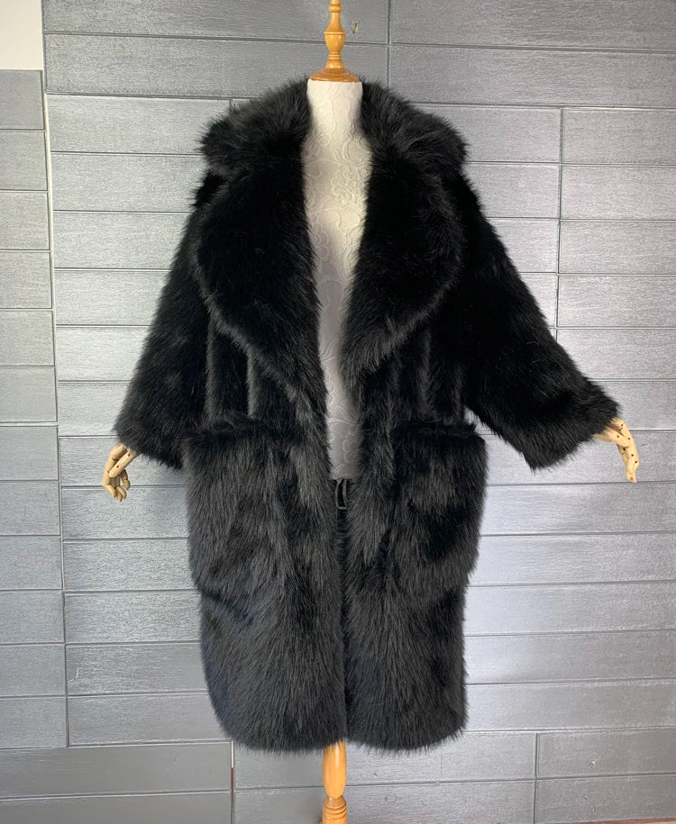 Lautaro inverno longo oversized rosa grosso quente macio desgrenhado fofo casaco de pele do falso feminino bolsos lapela solto doce bonito moda 2022