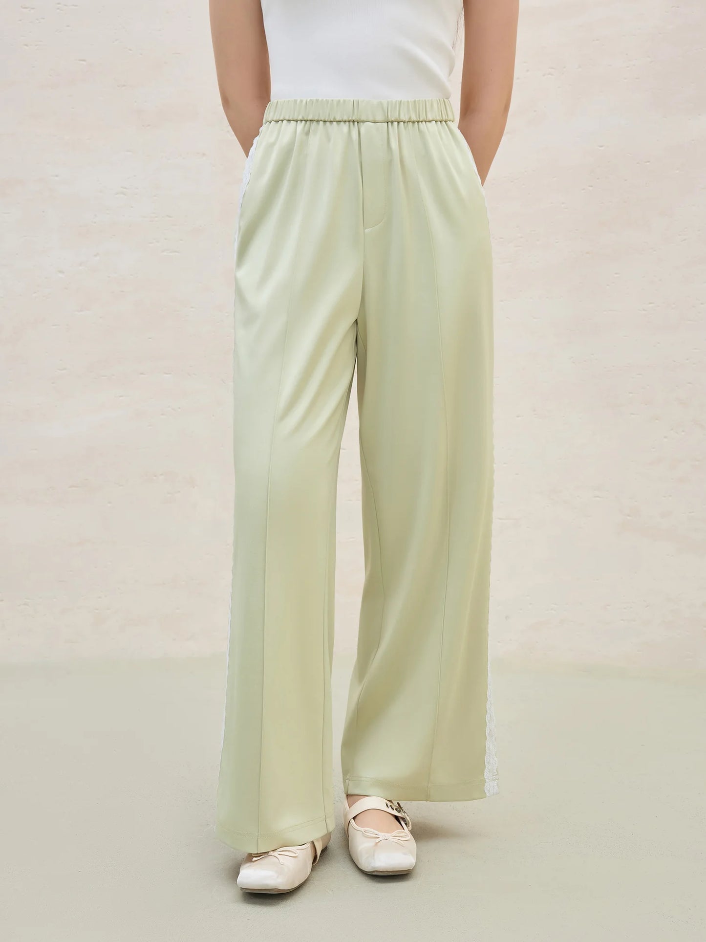 DUSHU 2025 Calça feminina de acetato com acabamento em renda de verão – perna reta e design chique de escritório com tecido respirável