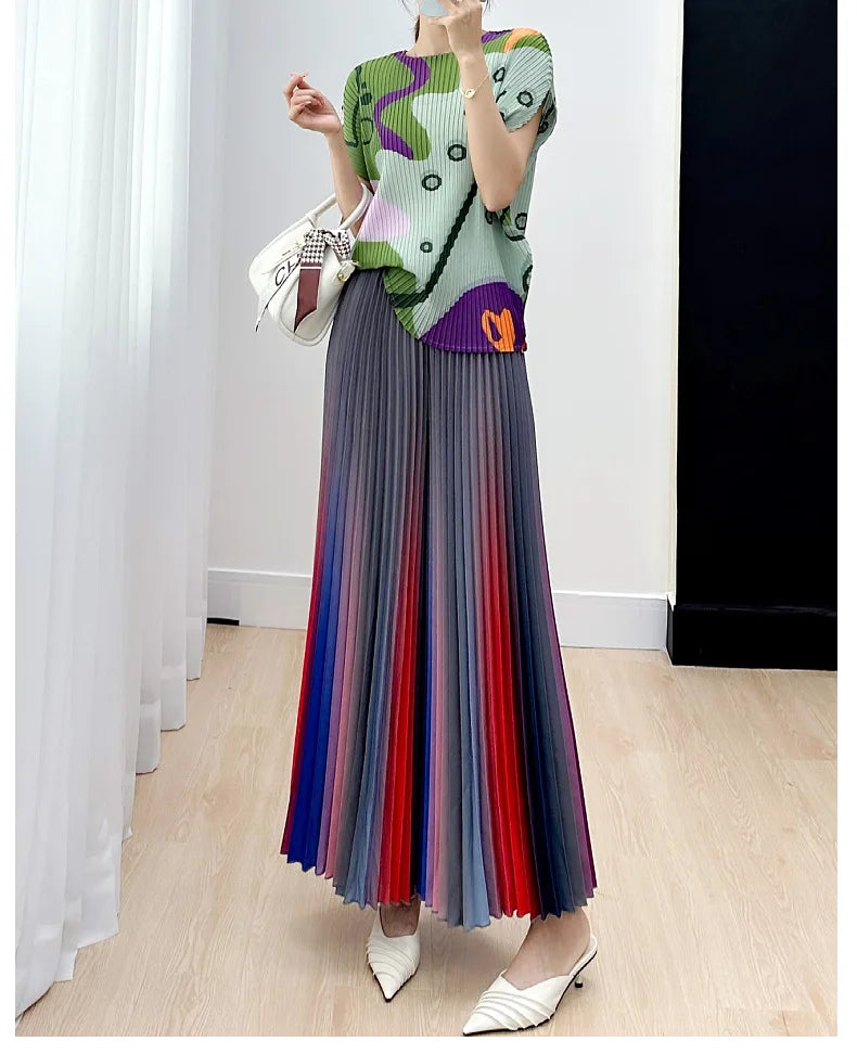 Primavera/Verão Novo Gradiente das mulheres Plissado Solto e Versátil Perna Larga Alargamento Calças Moda Outono Street Style Rainbow Calças