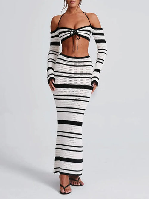 Conjunto Elegante de Saia Longa e Top Manga Longa Vhiuat
