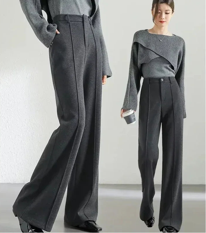 Sentubila lã mistura flare calças femininas inverno grosso quente 2024 cintura alta senhora do escritório moda calças casuais 144k57322