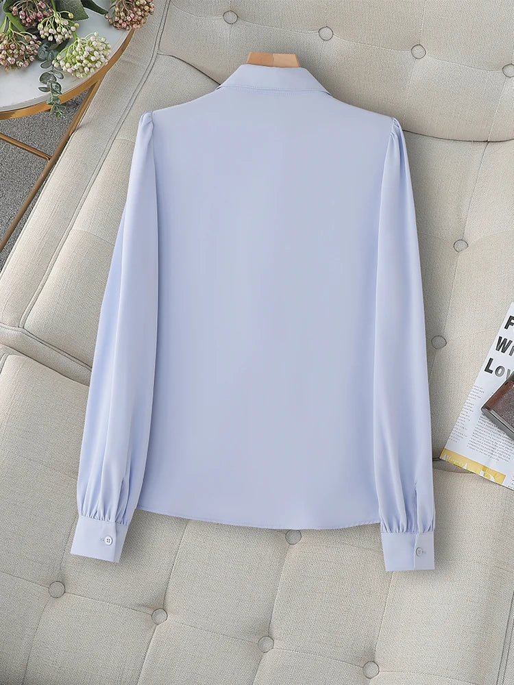 Moda branco azul manga longa blusa feminina senhoras negócios trabalho wear camisa topos