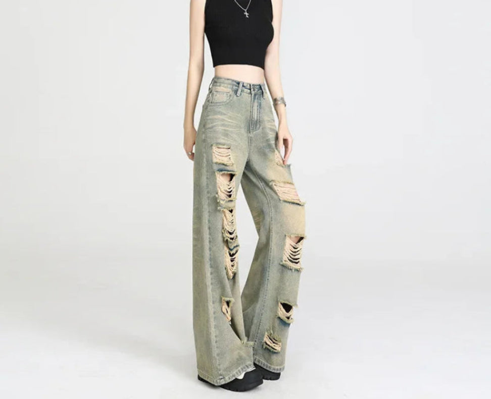 Calça Jeans Feminina Wide Leg Ripped Dirty – Cintura Alta - AlmaChic