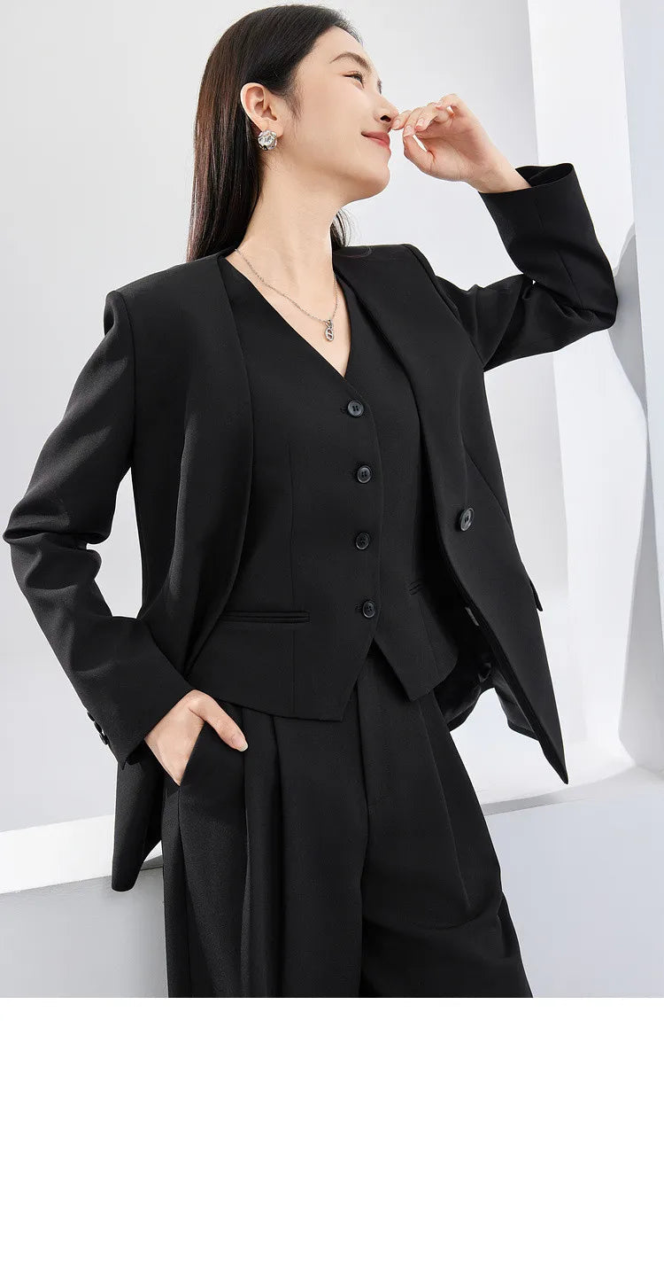 Sentubila mulher 3 peça conjunto roupas 2025 outono moda escritório wear preto colete blazer jaquetas perna larga calça conjunto 141z53019