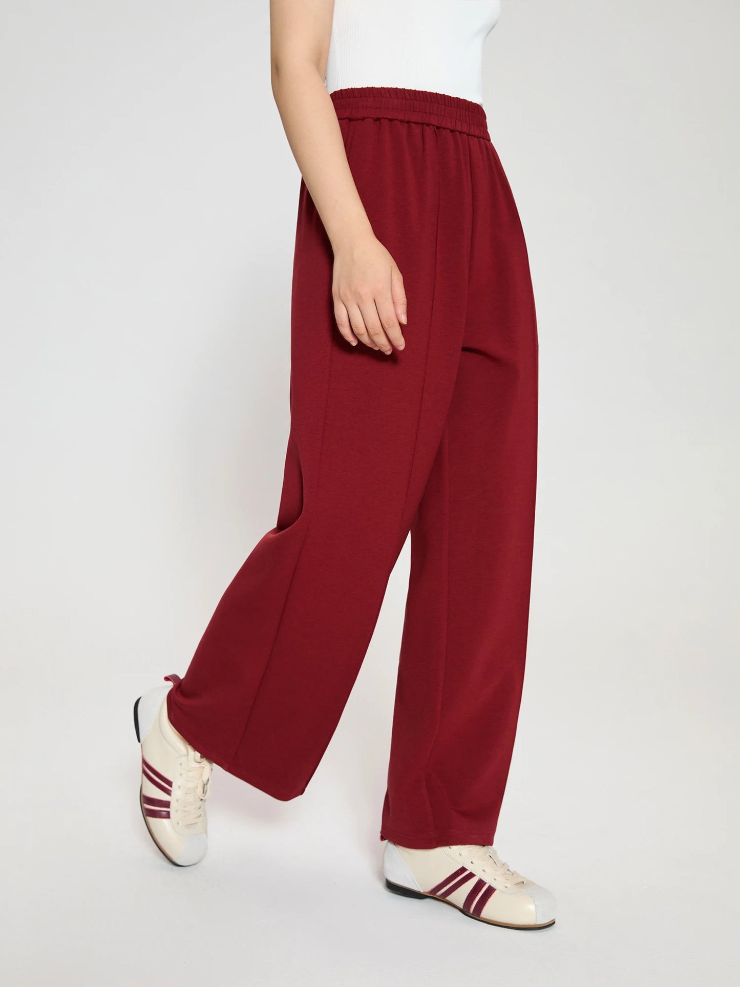 Dushu mulheres calça vermelha casual esporte estilo feminino outono grosso calças compridas bege cintura elástica calças retas para mulher 24ds83048