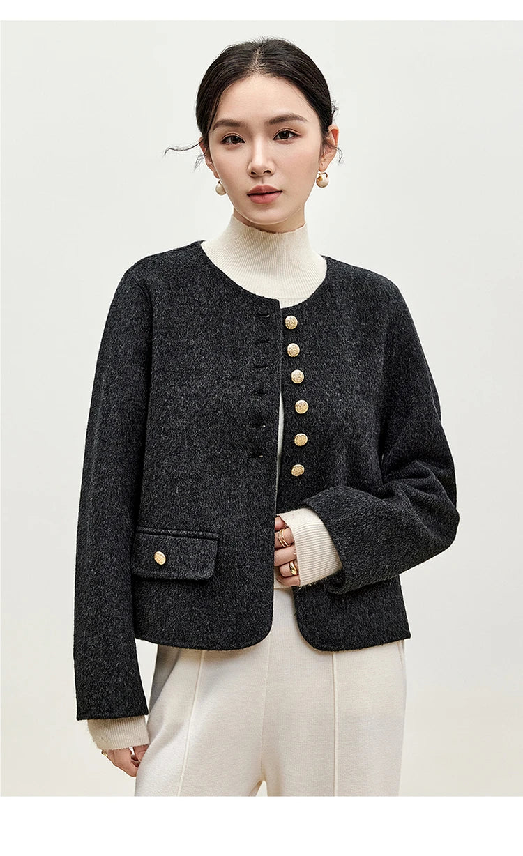 Sentubila casaco de lã de luxo para mulheres 2024 inverno gola redonda reta único breasted roupas femininas de alta qualidade w44o56591