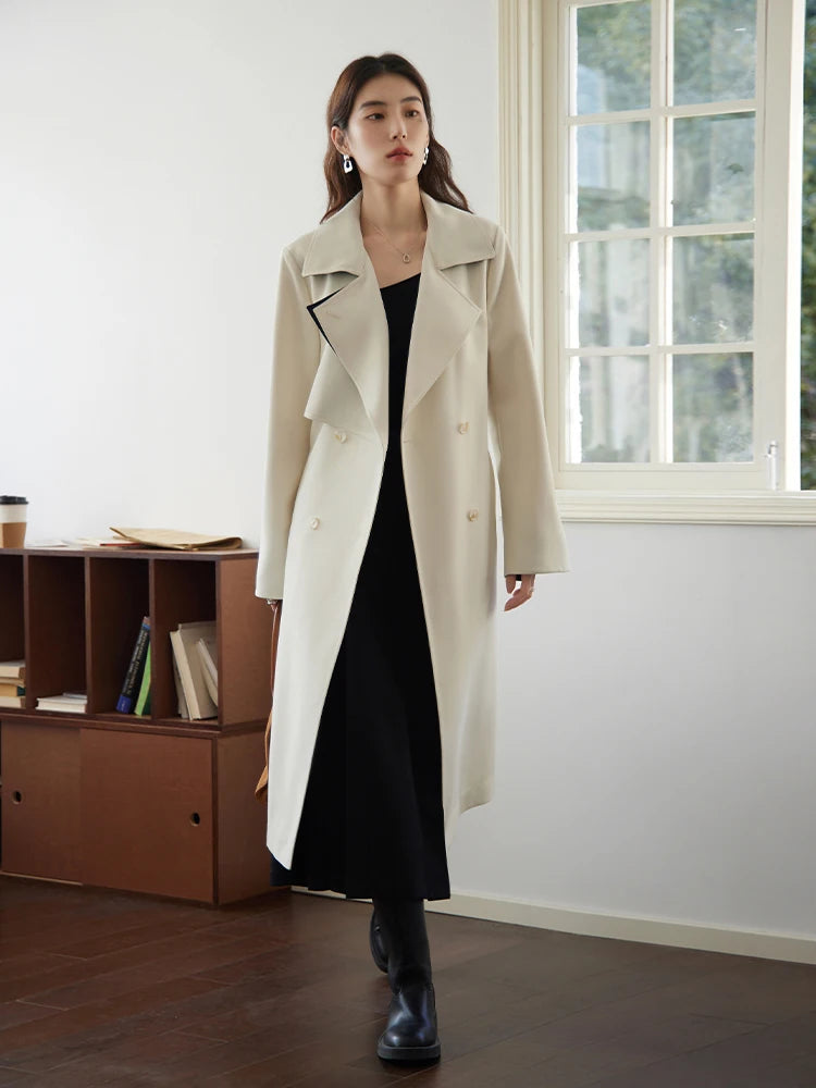 DUSHU-casaco de comprimento médio para mulheres, trespassado duplo, lapela contrastante, estilo simples e legal, feminino, novo, 24DS81102, primavera