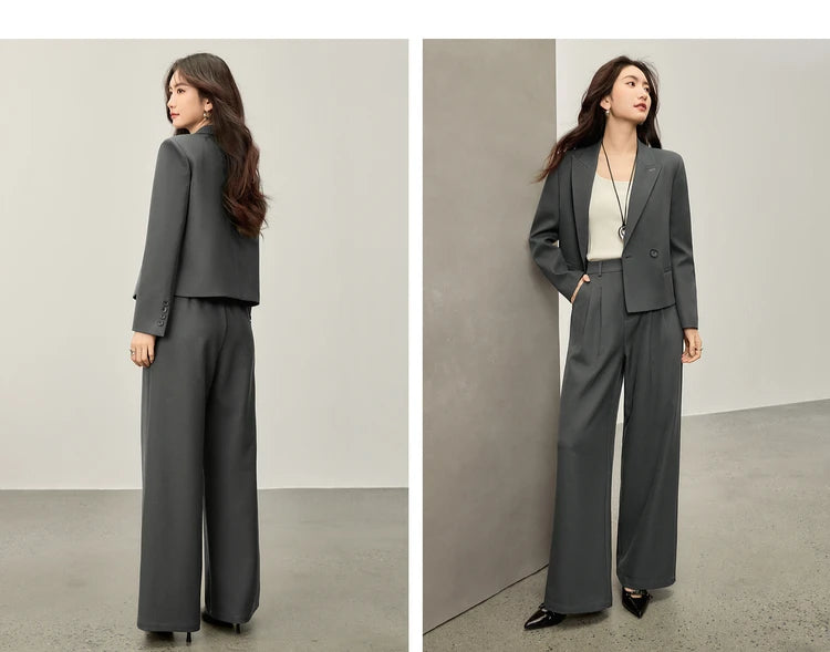 Sentubila blazer e calças terno 2025 acolchoado ombro superior calças de perna larga senhora define feminino trabalho wear 2 peça set153ze1874