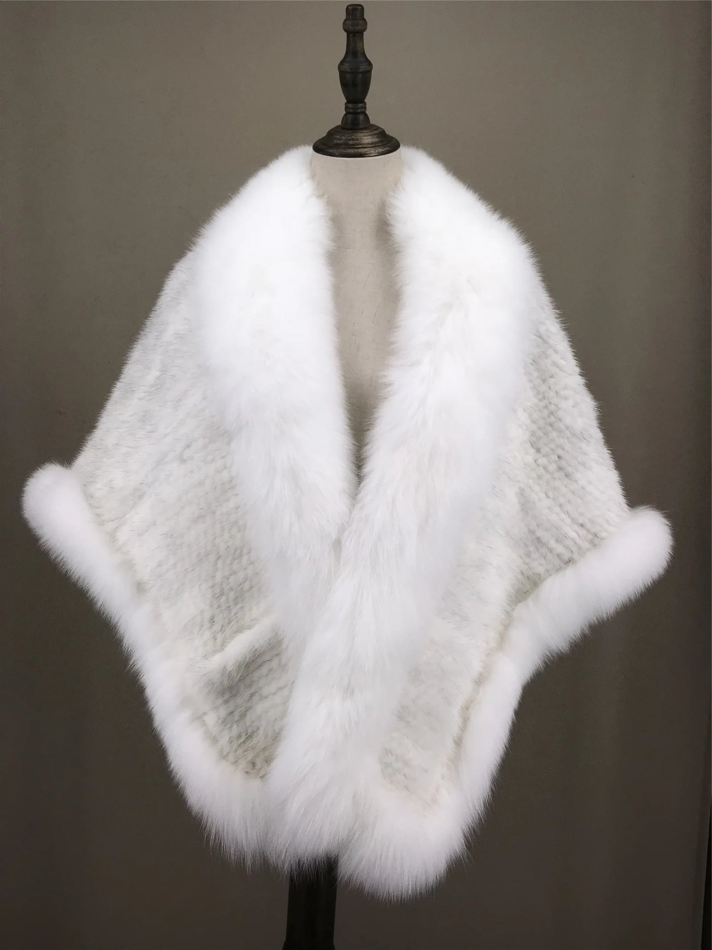 Xale de tricô de pele de vison real com gola de corte de pele de raposa, estola de capa frontal, xale branco coreano peludo luxuoso, inverno