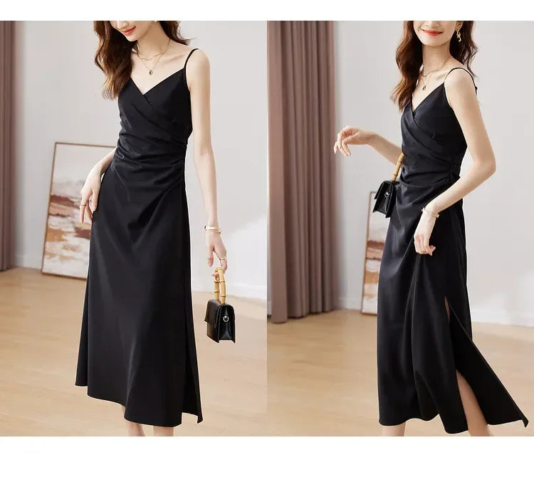 SENTUBILA, vestidos negros sexis para mujer, verano 2025, elegante vestido Midi con pliegues y tirantes finos con abertura para fiesta de noche con cuello en V 132L48917