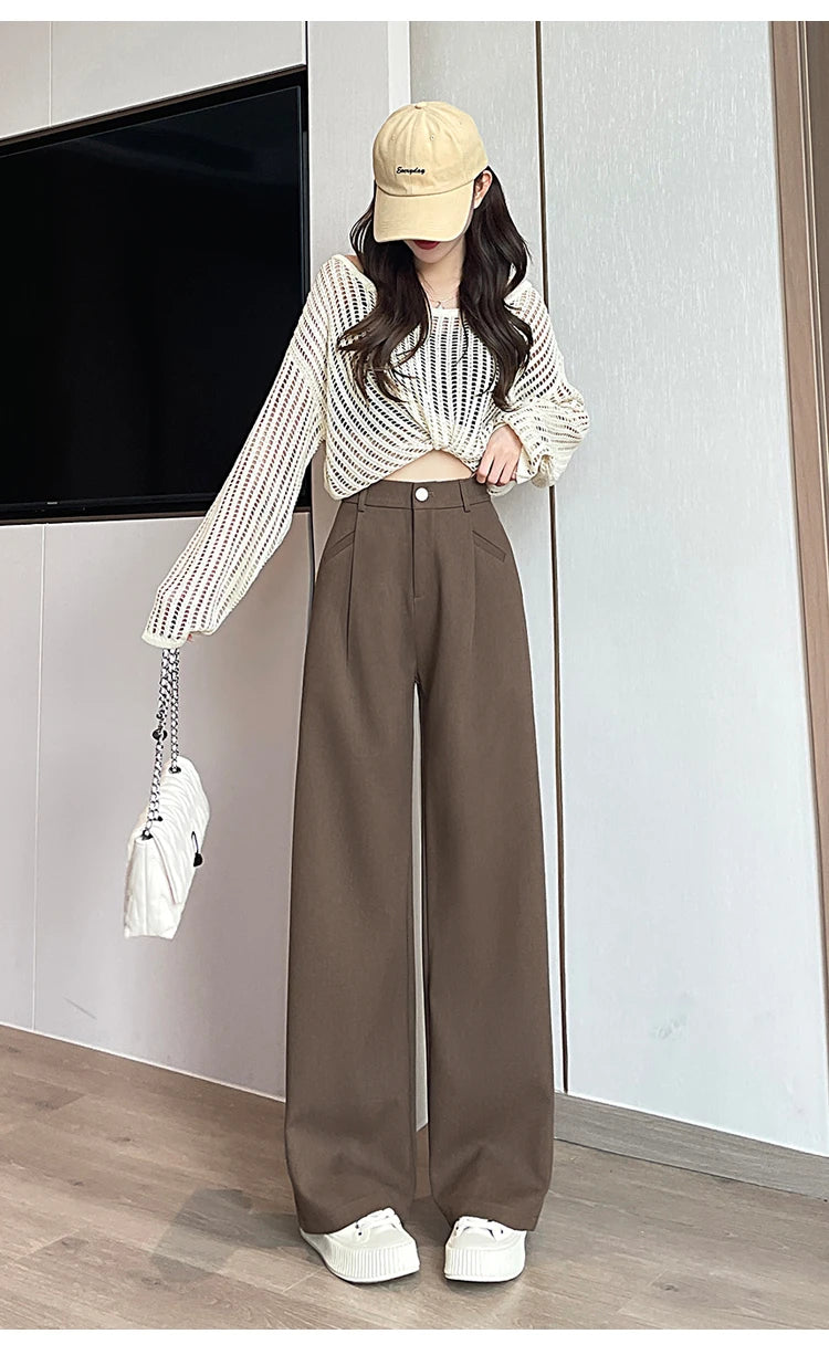 Seoulish-Calça de perna larga feminina, calça feminina elegante, monocromática, casual, solta, escritório, comprimento total, coreano, botão, Novo, Outono, 2022