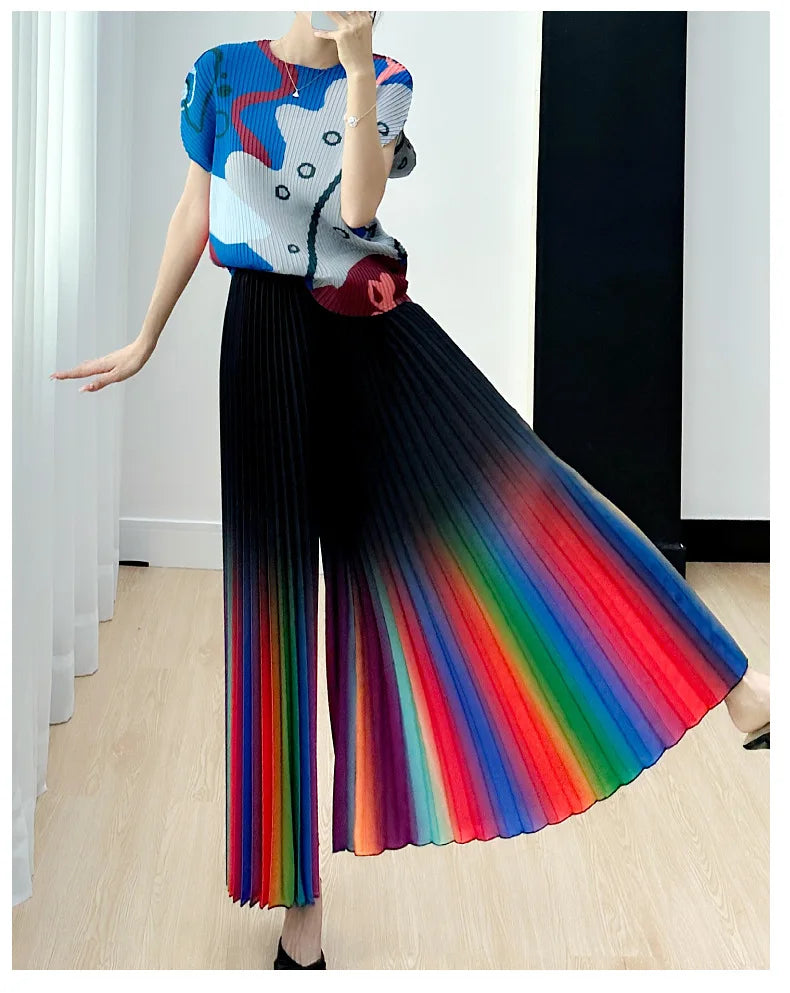 Primavera/Verão Novo Gradiente das mulheres Plissado Solto e Versátil Perna Larga Alargamento Calças Moda Outono Street Style Rainbow Calças