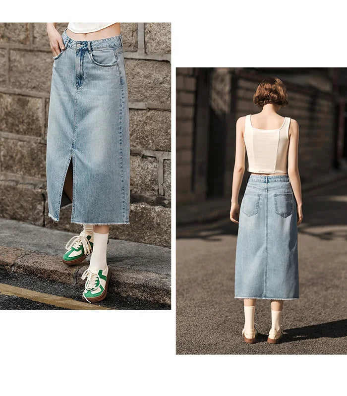 Semir-Saia jeans feminina, fenda alta, design de corte reto, nova chegada, verão, 2022