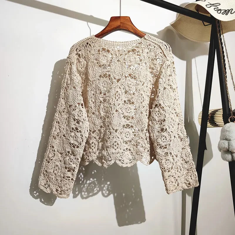 Renda pequeno xale algodão cardigan feminino 2023 primavera e verão o pescoço manga longa sólido casual versátil oco cardigan feminino