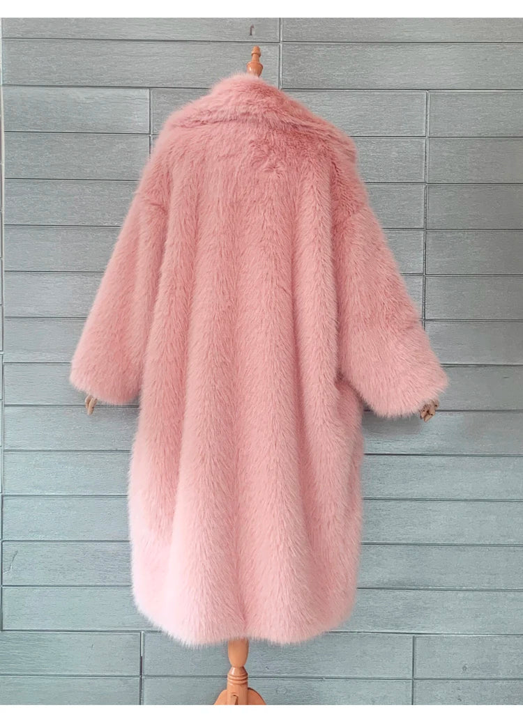Lautaro inverno longo oversized rosa grosso quente macio desgrenhado fofo casaco de pele do falso feminino bolsos lapela solto doce bonito moda 2022