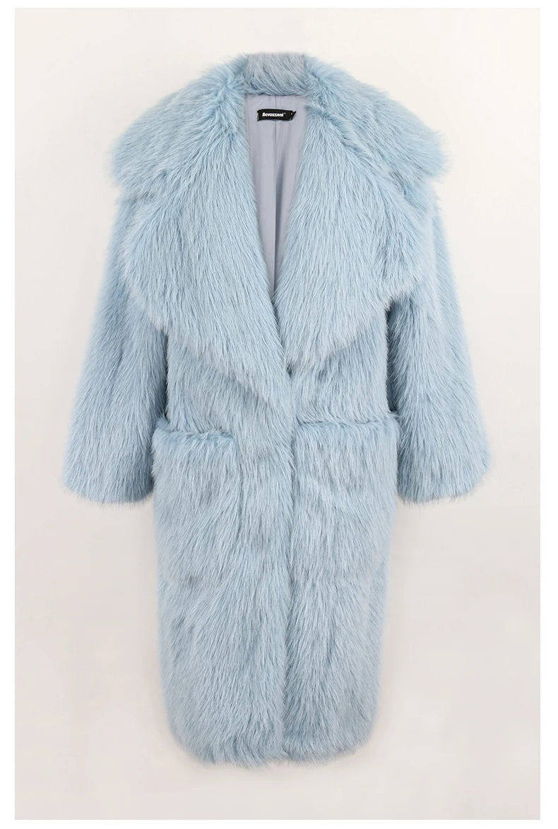 Lautaro inverno longo oversized rosa grosso quente macio desgrenhado fofo casaco de pele do falso feminino bolsos lapela solto doce bonito moda 2022