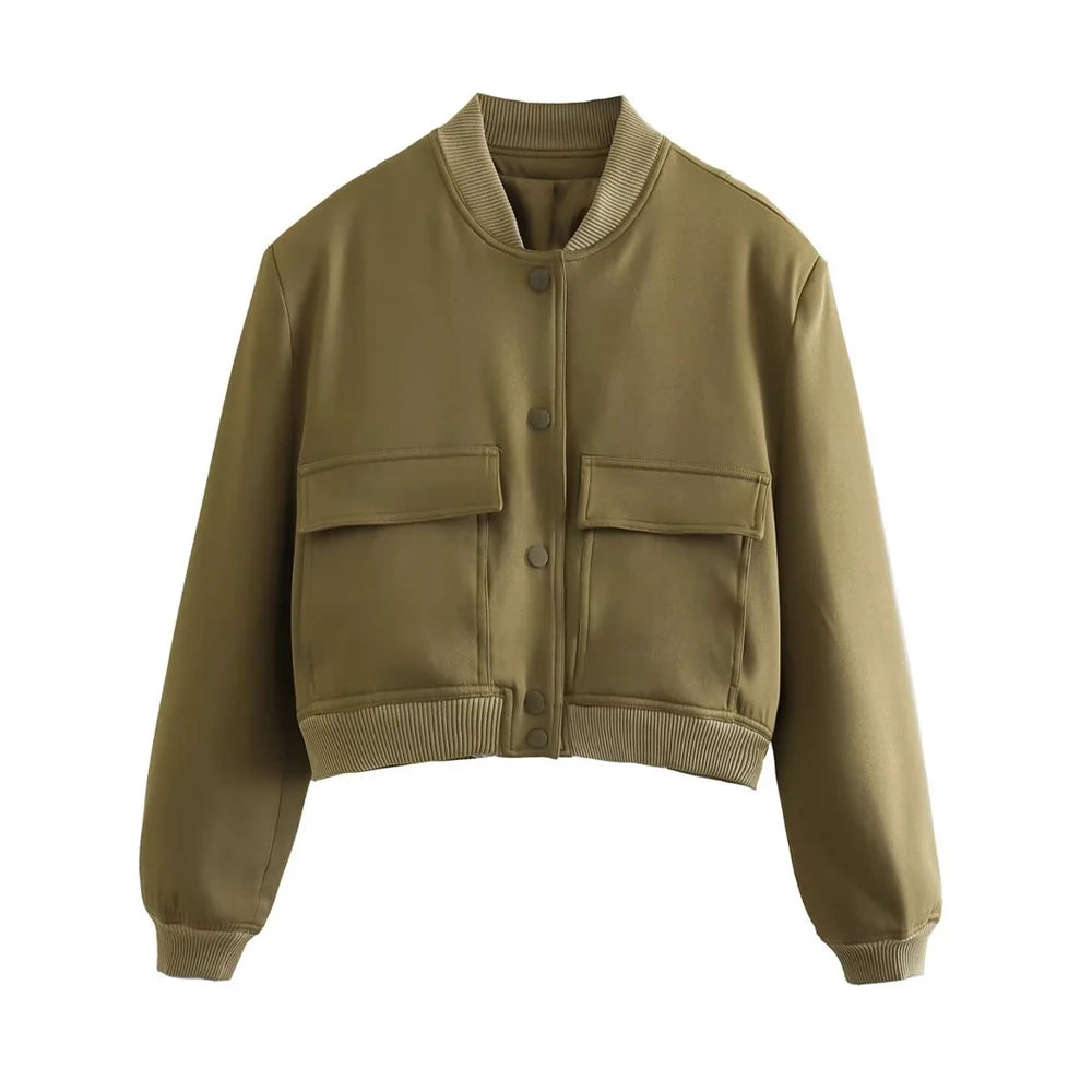 Trza moda feminina com bolsos jaqueta bomber casacos vintage manga longa botão frontal casual feminino outerwear chiques topos