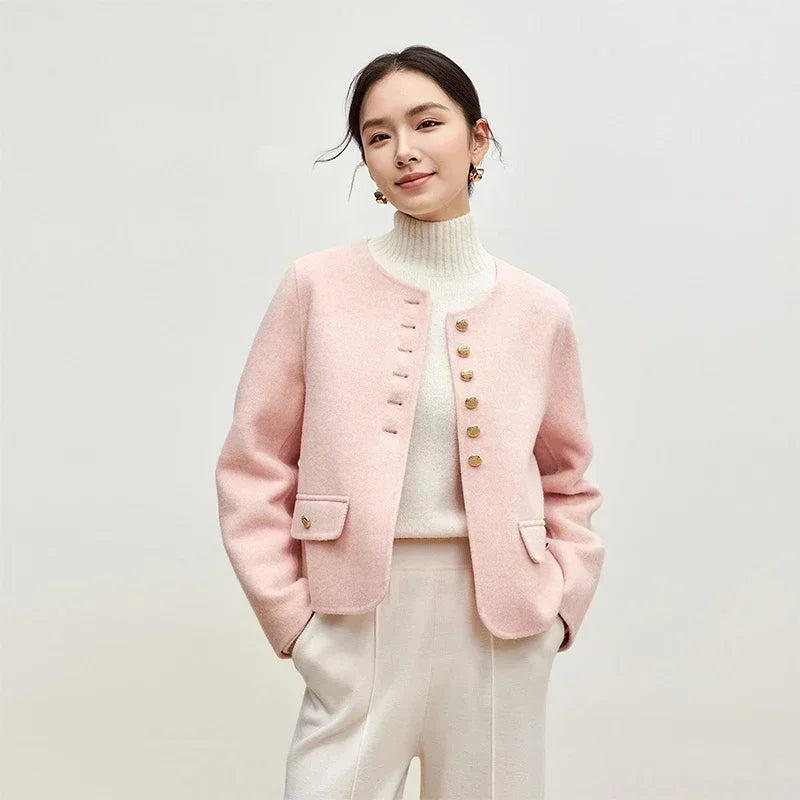 Sentubila casaco de lã de luxo para mulheres 2024 inverno gola redonda reta único breasted roupas femininas de alta qualidade w44o56591