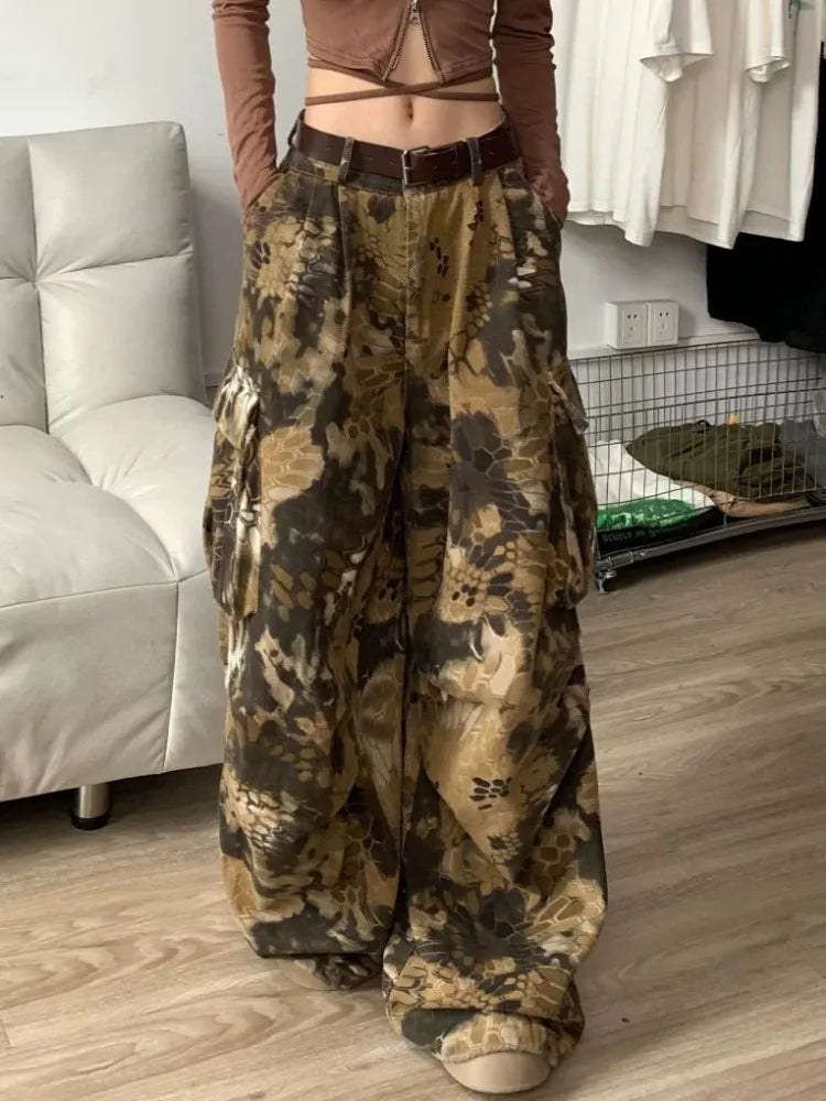 Feminino casual retro comprimento total baggy emo denim calças harajuku solto ajuste jeans impressão geométrica cintura alta y2k 2000s calças