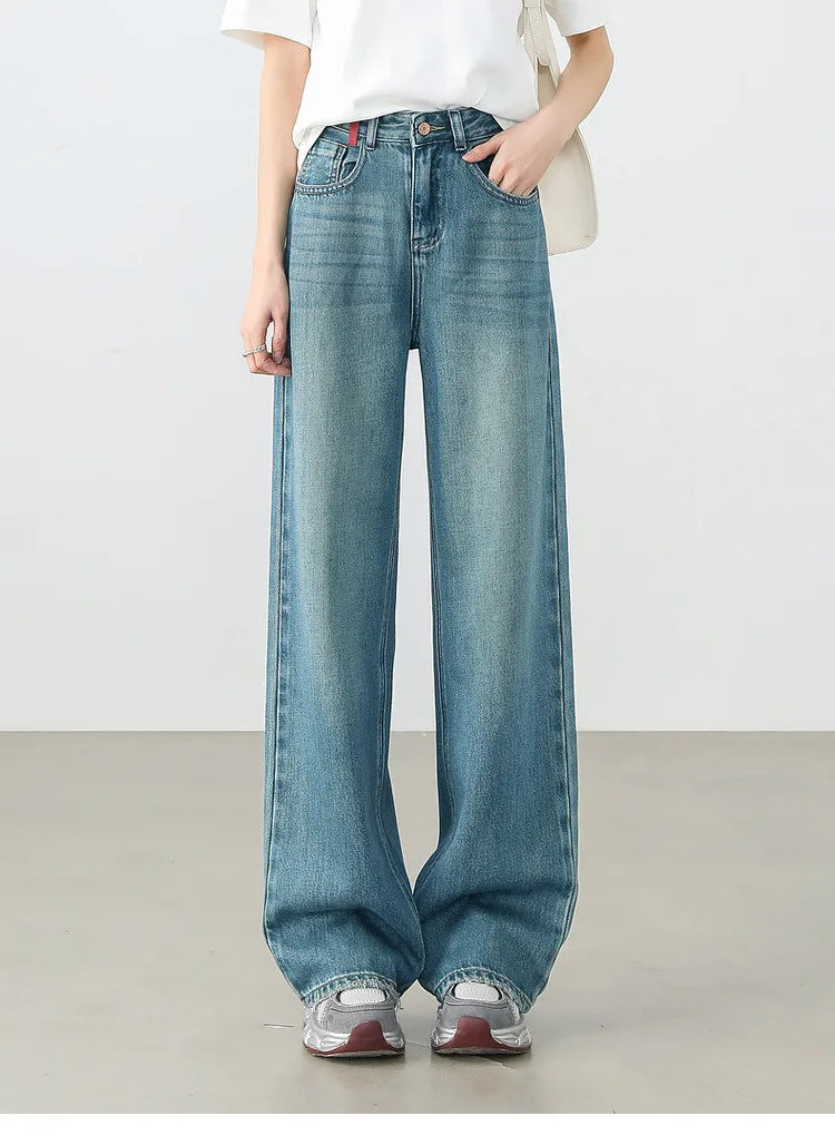 Sentubila calças jeans femininas de algodão 2025 primavera moda reta vintage denim cintura alta comprimento total bolsos calças w51n58827