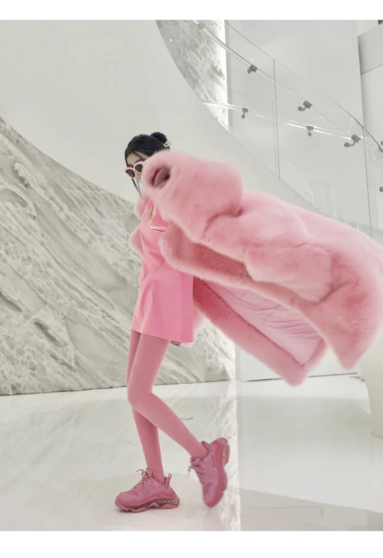 Lautaro inverno longo oversized rosa grosso quente macio desgrenhado fofo casaco de pele do falso feminino bolsos lapela solto doce bonito moda 2022
