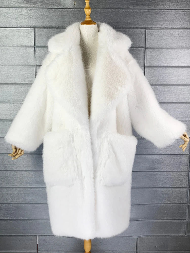 Lautaro inverno longo oversized rosa grosso quente macio desgrenhado fofo casaco de pele do falso feminino bolsos lapela solto doce bonito moda 2022