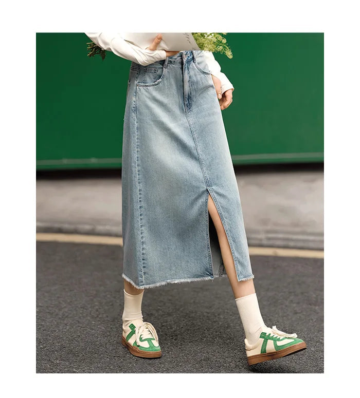 Semir-Saia jeans feminina, fenda alta, design de corte reto, nova chegada, verão, 2022