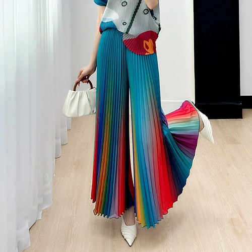 Primavera/Verão Novo Gradiente das mulheres Plissado Solto e Versátil Perna Larga Alargamento Calças Moda Outono Street Style Rainbow Calças