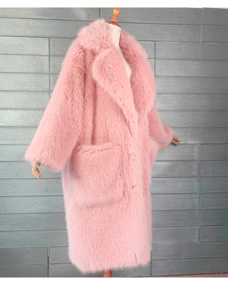 Lautaro inverno longo oversized rosa grosso quente macio desgrenhado fofo casaco de pele do falso feminino bolsos lapela solto doce bonito moda 2022