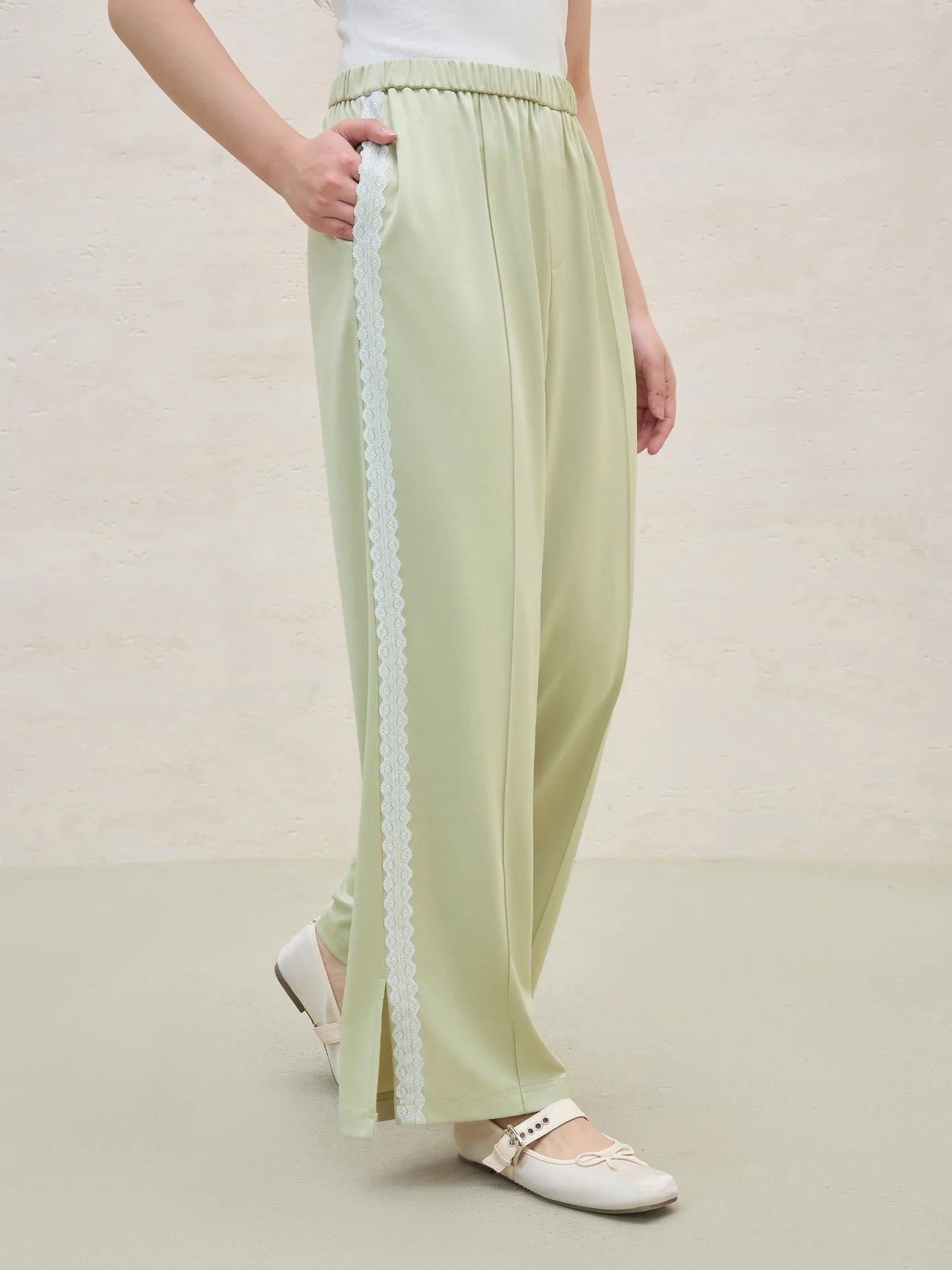 DUSHU 2025 Calça feminina de acetato com acabamento em renda de verão – perna reta e design chique de escritório com tecido respirável