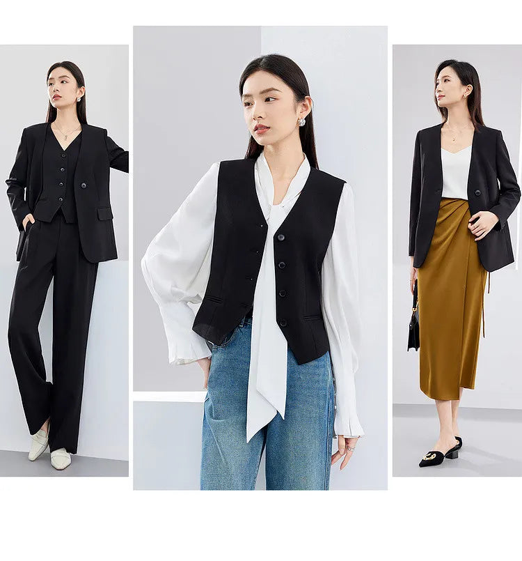 Sentubila mulher 3 peça conjunto roupas 2025 outono moda escritório wear preto colete blazer jaquetas perna larga calça conjunto 141z53019