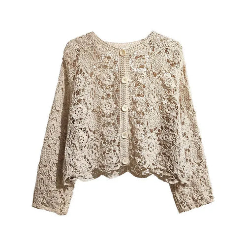 Renda pequeno xale algodão cardigan feminino 2023 primavera e verão o pescoço manga longa sólido casual versátil oco cardigan feminino