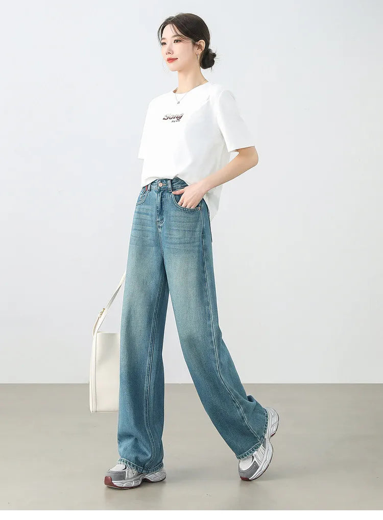 Sentubila calças jeans femininas de algodão 2025 primavera moda reta vintage denim cintura alta comprimento total bolsos calças w51n58827