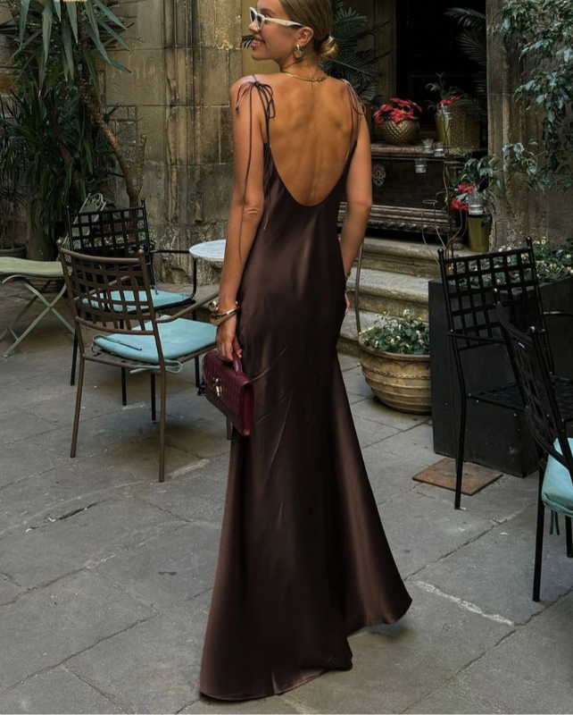 Clacive moda solta marrom cetim vestidos femininos 2025 verão cinta sem mangas até o chão vestido sexy sem costas vestido feminino