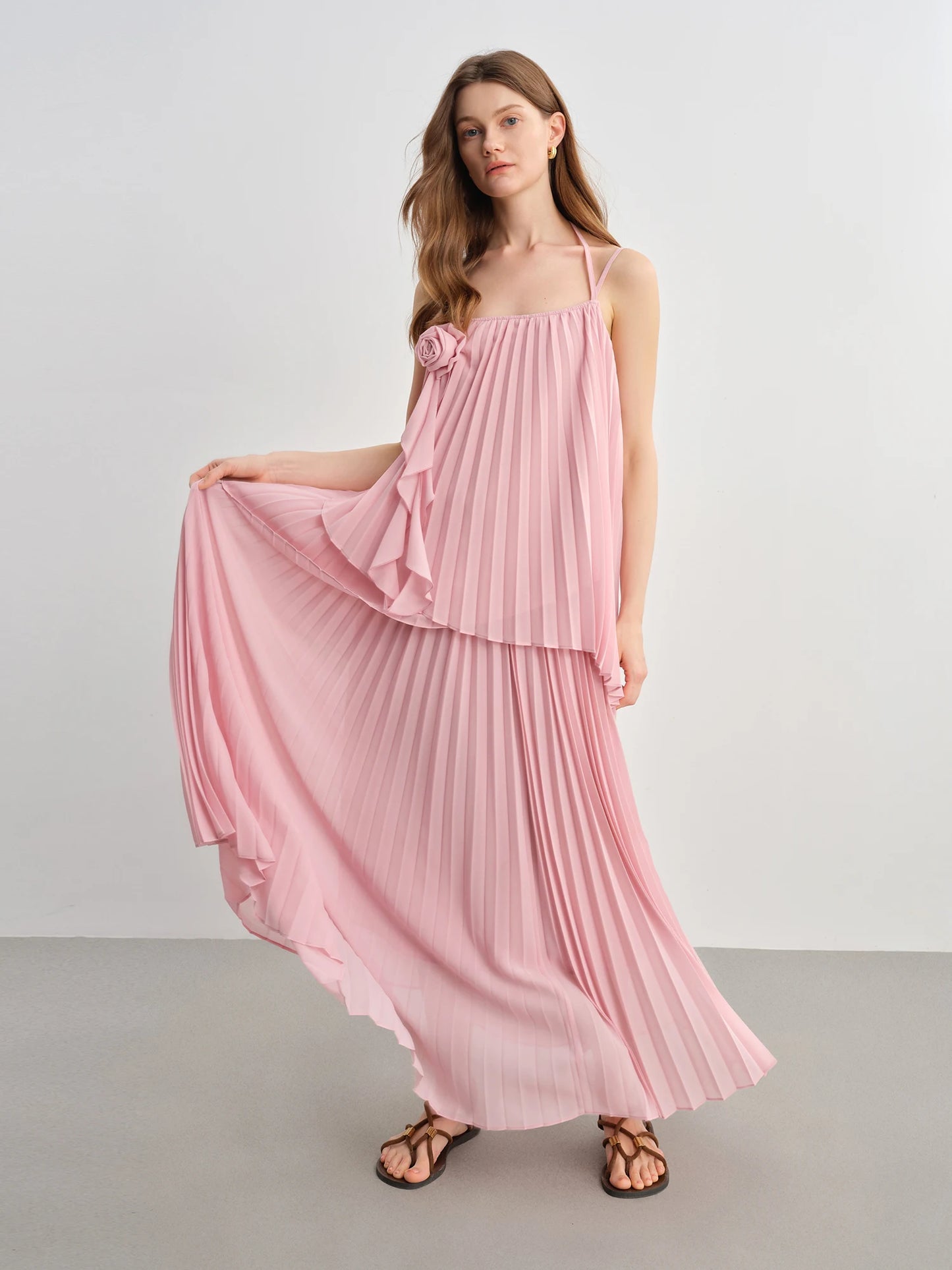 Dushu plus size moda terno para as mulheres verão 2025 nova flor tridimensional blusa de tiras cintura alta saia longa plissada