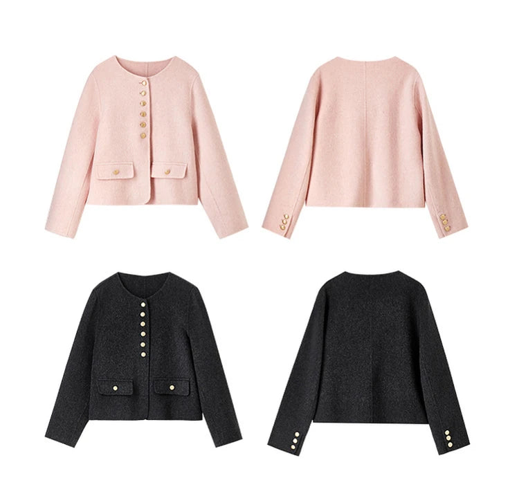 Sentubila casaco de lã de luxo para mulheres 2024 inverno gola redonda reta único breasted roupas femininas de alta qualidade w44o56591