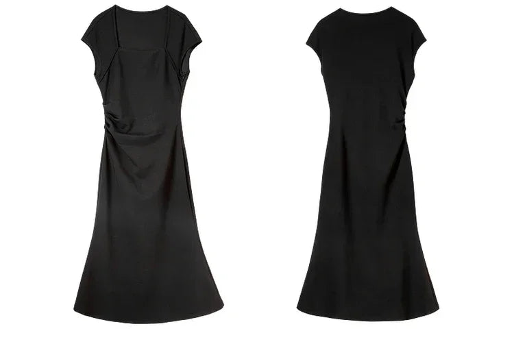 SENTUBILA, vestidos negros de verano 2025, vestido largo ajustado fruncido de manga corta de punto de algodón elegante para fiesta para mujer, ropa 142L54013