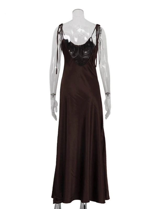 Clacive moda solta marrom cetim vestidos femininos 2025 verão cinta sem mangas até o chão vestido sexy sem costas vestido feminino