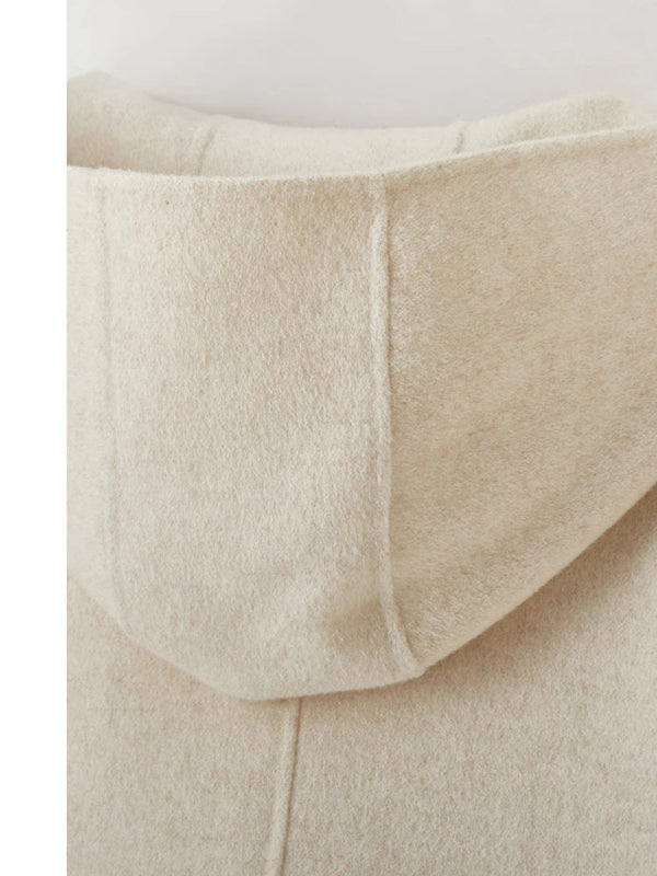 Sentubila dupla face 100% casaco de lã 2024 inverno comprimento médio reto touro chifre fivela feminino com capuz outwear w44o55979