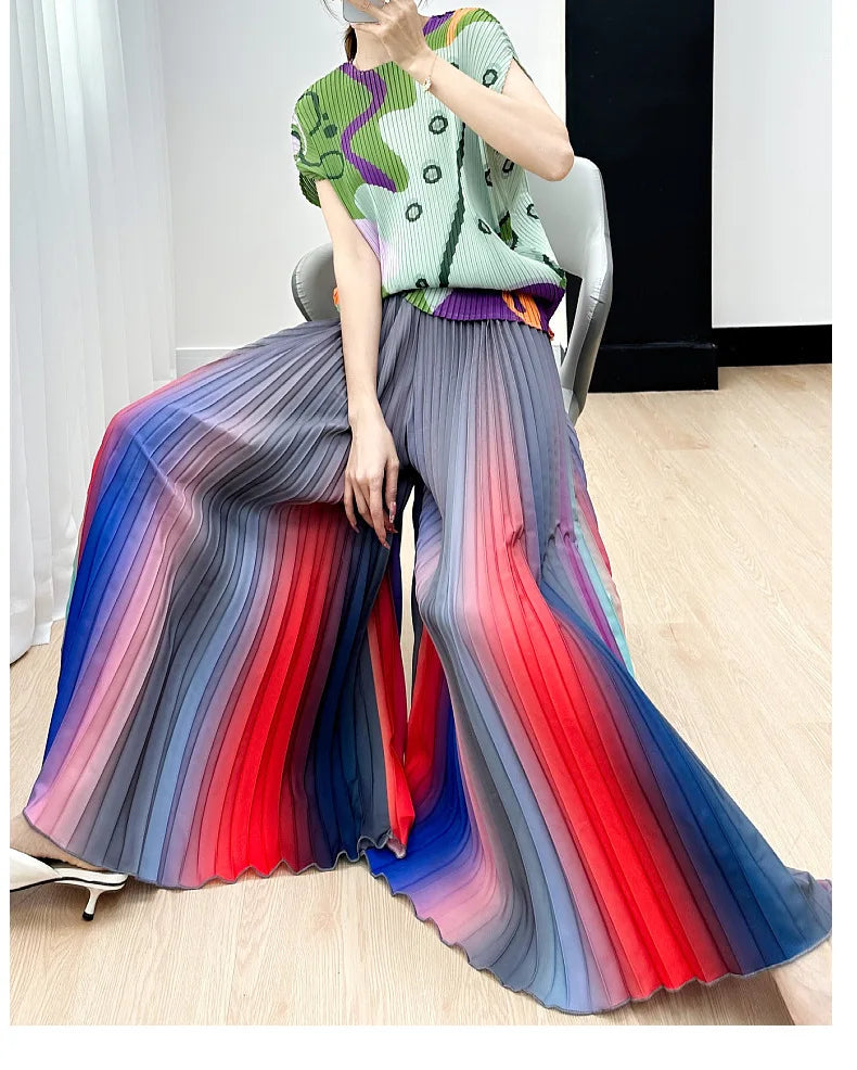 Primavera/Verão Novo Gradiente das mulheres Plissado Solto e Versátil Perna Larga Alargamento Calças Moda Outono Street Style Rainbow Calças
