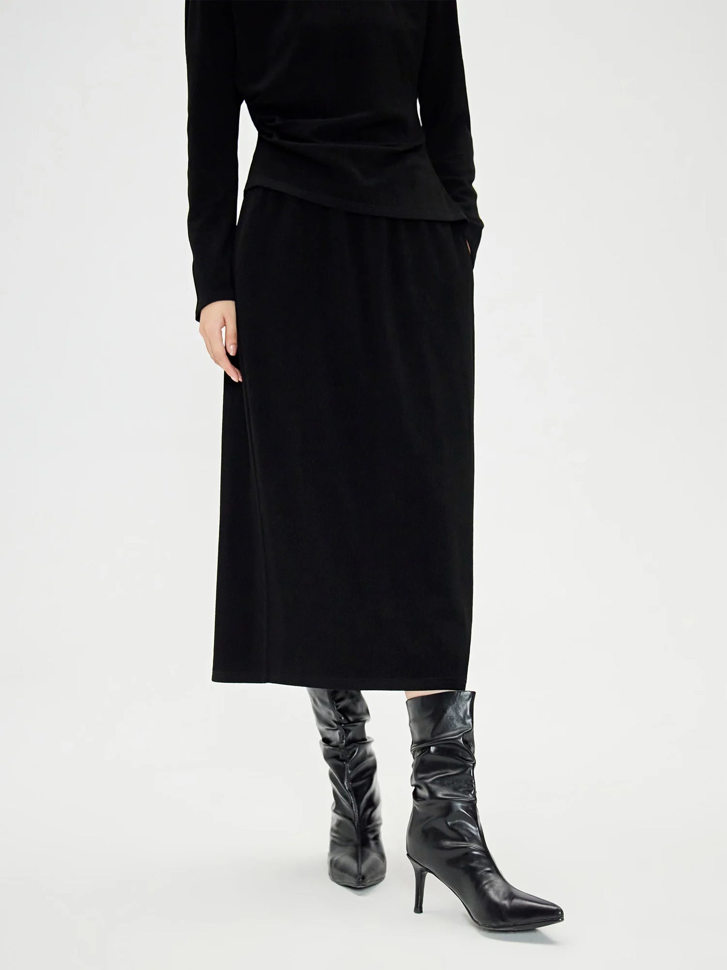 DUSHU-Conjunto de saia preta feminina, parte superior do pescoço, divisão irregular, elástico na cintura, saia longa, temperamento, manga longa, 24DH83004