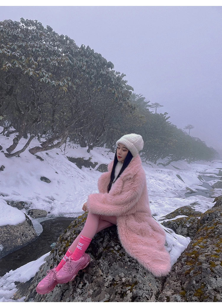 Lautaro inverno longo oversized rosa grosso quente macio desgrenhado fofo casaco de pele do falso feminino bolsos lapela solto doce bonito moda 2022
