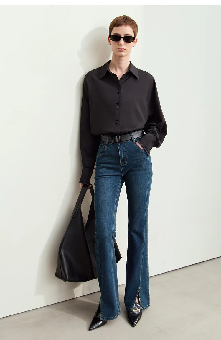 Amii-camisa solta e emendada para mulheres, blusa de cor solta e sólida com lapela e franja, novo outono 2020, 12423018
