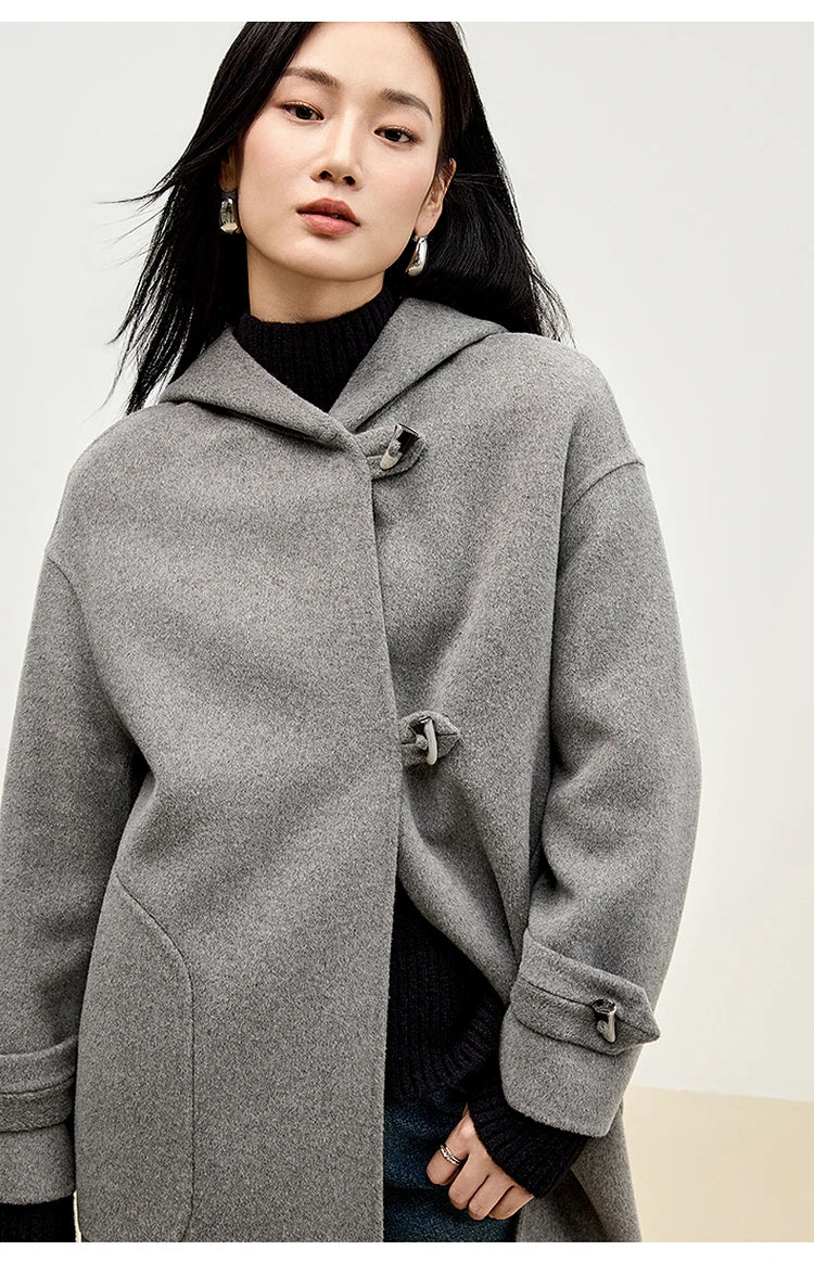 Sentubila dupla face 100% casaco de lã 2024 inverno comprimento médio reto touro chifre fivela feminino com capuz outwear w44o55979
