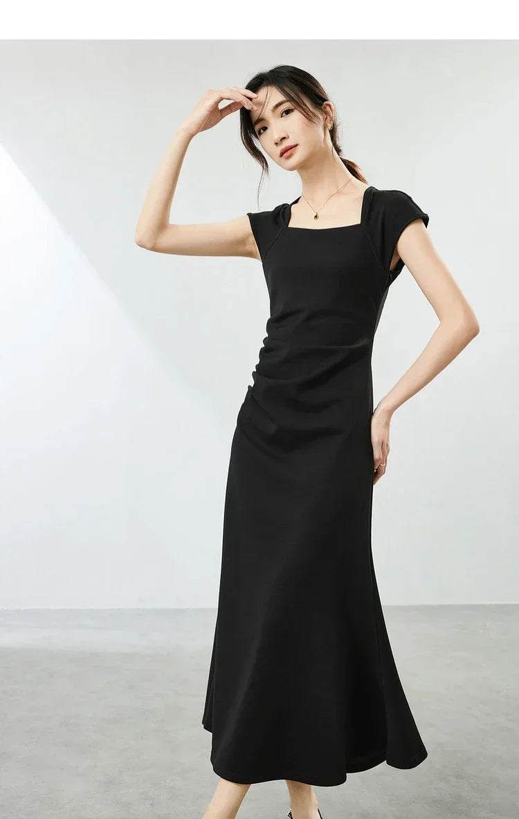 SENTUBILA, vestidos negros de verano 2025, vestido largo ajustado fruncido de manga corta de punto de algodón elegante para fiesta para mujer, ropa 142L54013