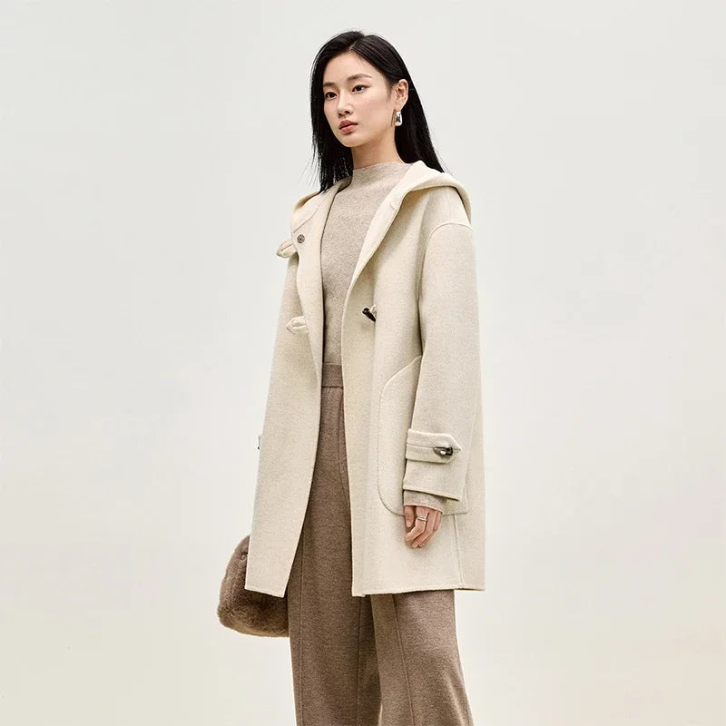 Sentubila dupla face 100% casaco de lã 2024 inverno comprimento médio reto touro chifre fivela feminino com capuz outwear w44o55979
