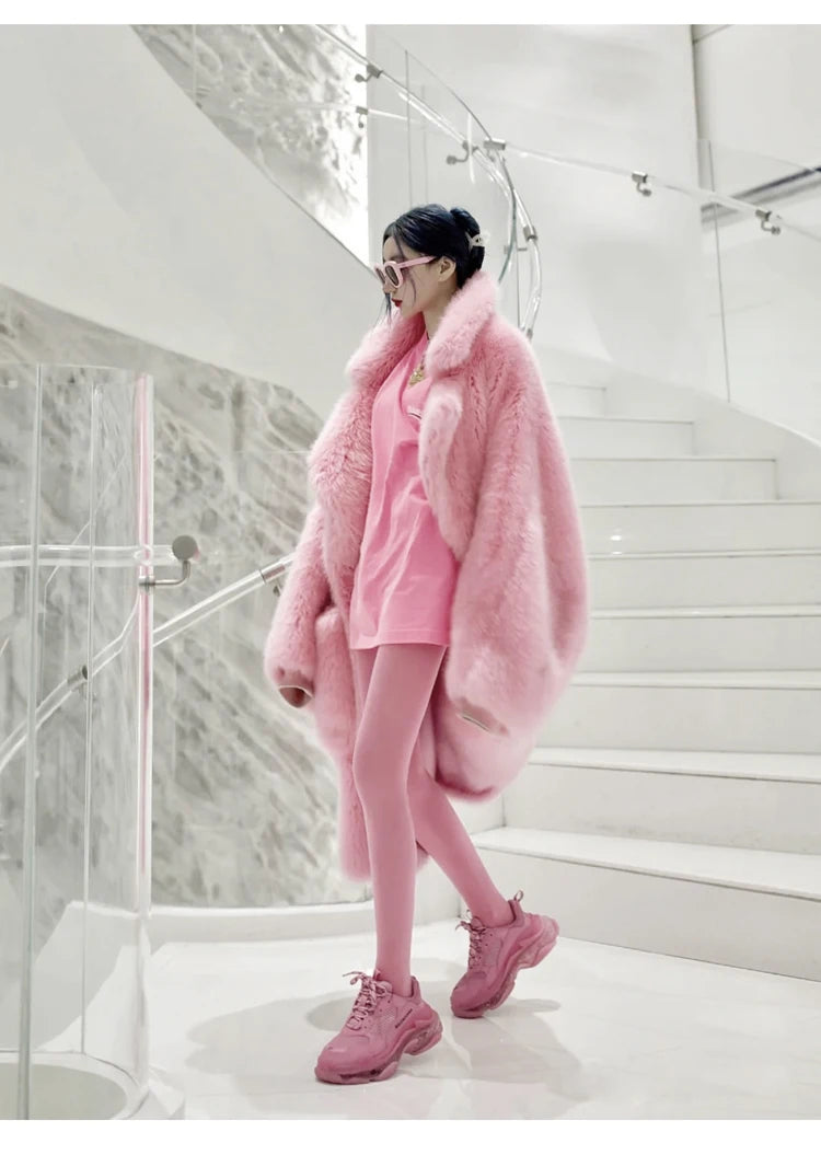 Lautaro inverno longo oversized rosa grosso quente macio desgrenhado fofo casaco de pele do falso feminino bolsos lapela solto doce bonito moda 2022