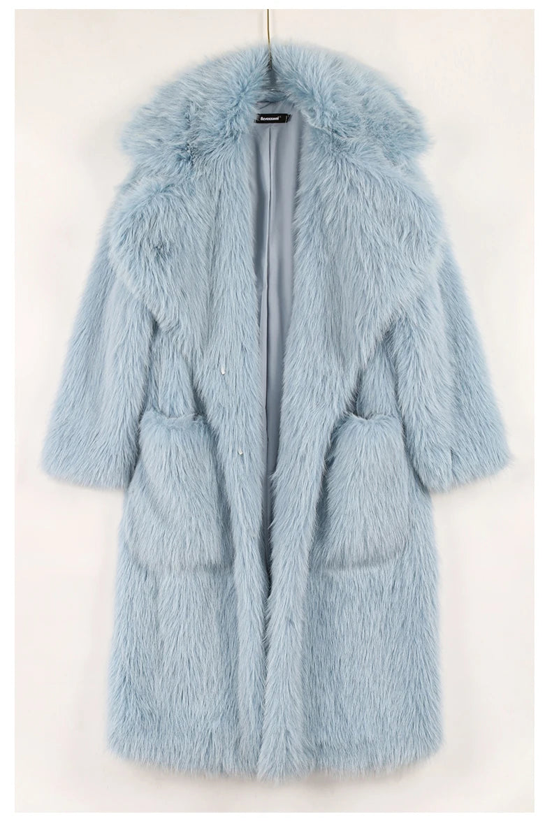 Lautaro inverno longo oversized rosa grosso quente macio desgrenhado fofo casaco de pele do falso feminino bolsos lapela solto doce bonito moda 2022