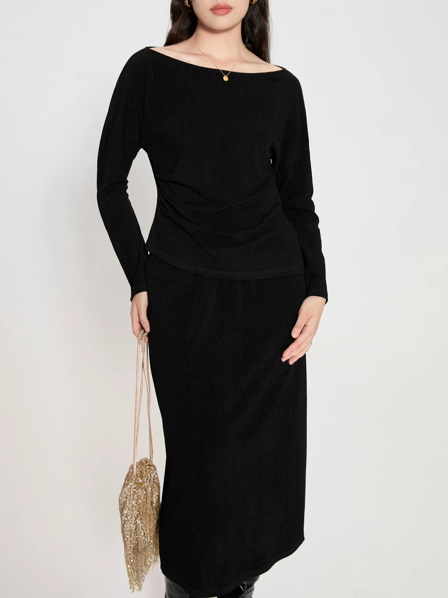DUSHU-Conjunto de saia preta feminina, parte superior do pescoço, divisão irregular, elástico na cintura, saia longa, temperamento, manga longa, 24DH83004