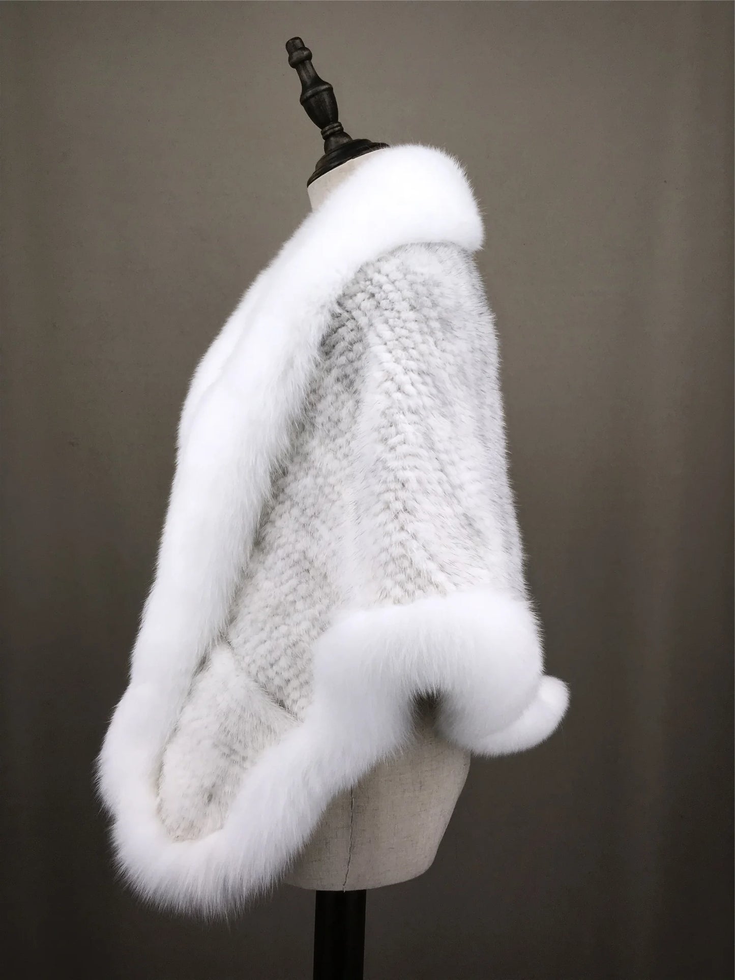 Xale de tricô de pele de vison real com gola de corte de pele de raposa, estola de capa frontal, xale branco coreano peludo luxuoso, inverno